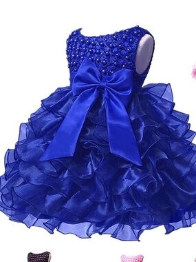 Royal Blue Ruffled Party Dress with Bow for Little Girl